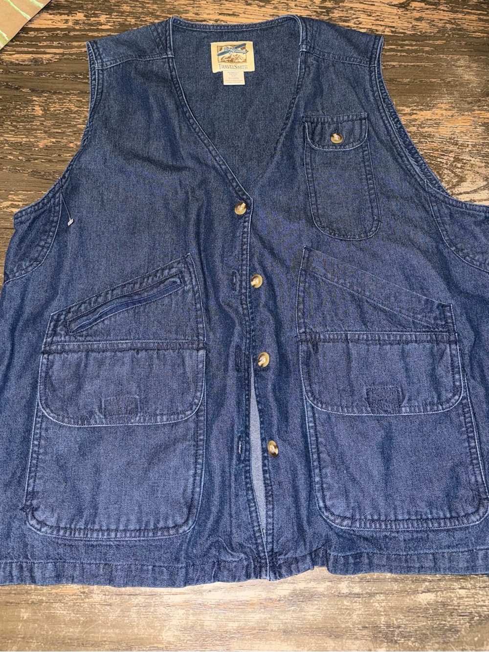 Vintage 90s TravelSmith Denim Utility Cargo Vest Medium Wash XLP